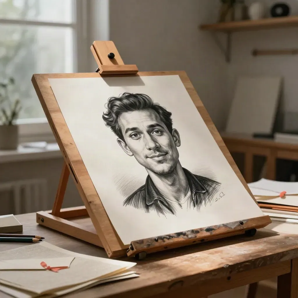 Estudio de Caricatos con retrato caricatura impreso, caballete bajo y luz dramática.