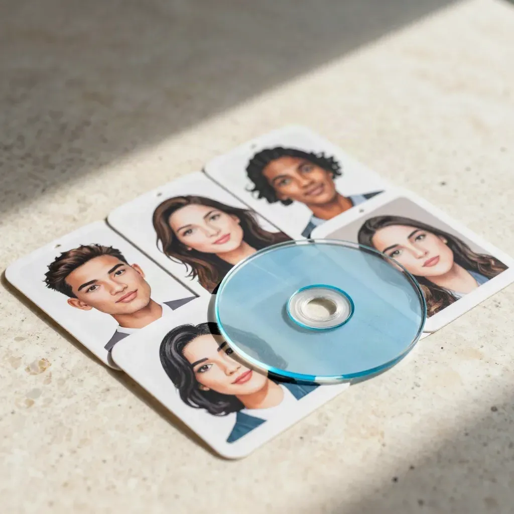 Kit de avatares impresos en tarjetas troqueladas, etiquetas redondas y discos acrílicos sobre piedra clara.