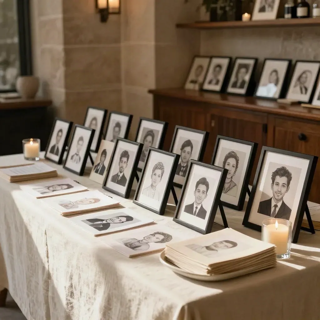 Mesa de boda íntima con retratos miniatura, velas y copias en un salón de piedra madrileño.