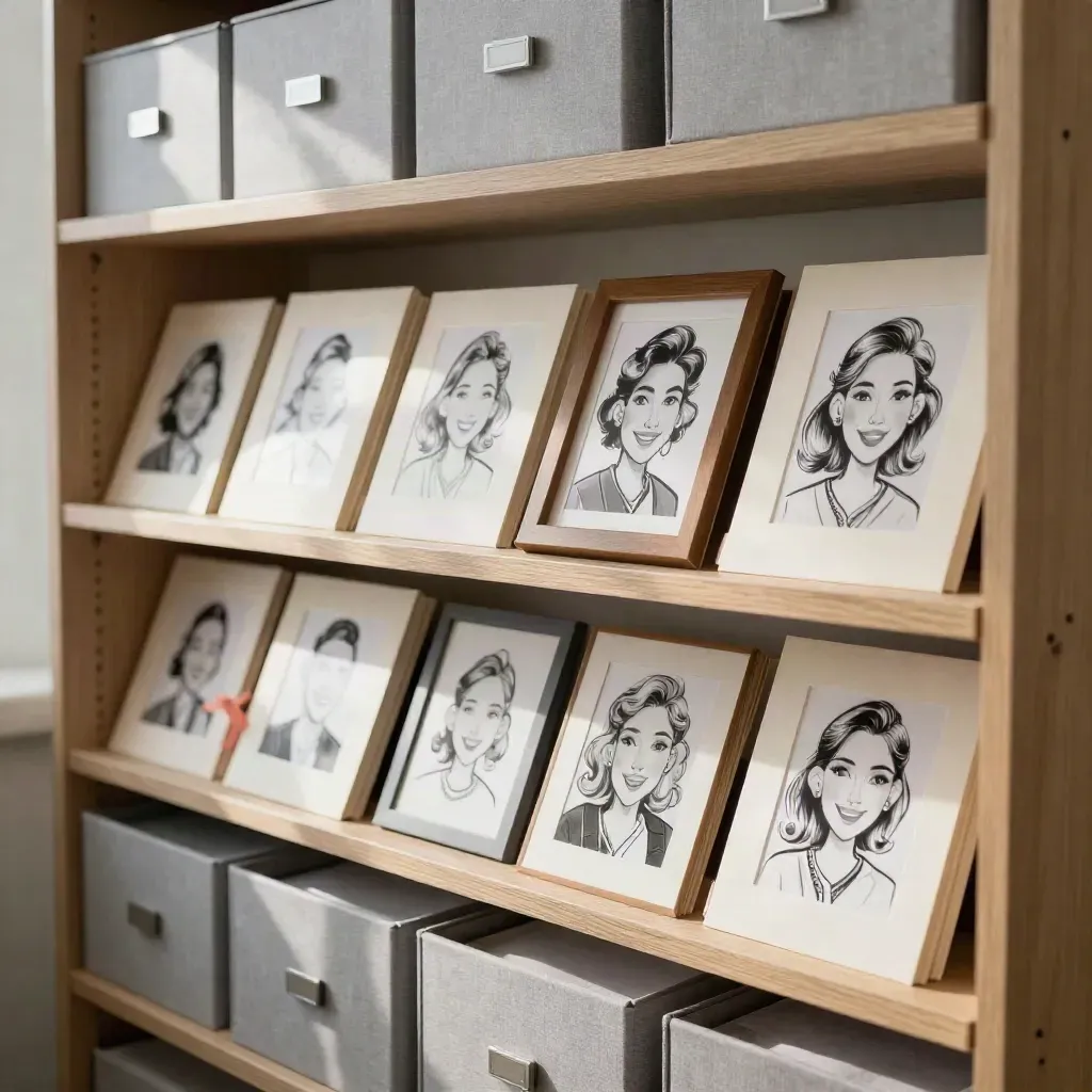 Estantería de oficina con retratos en sobres, cajas neutras y marcos apoyados.