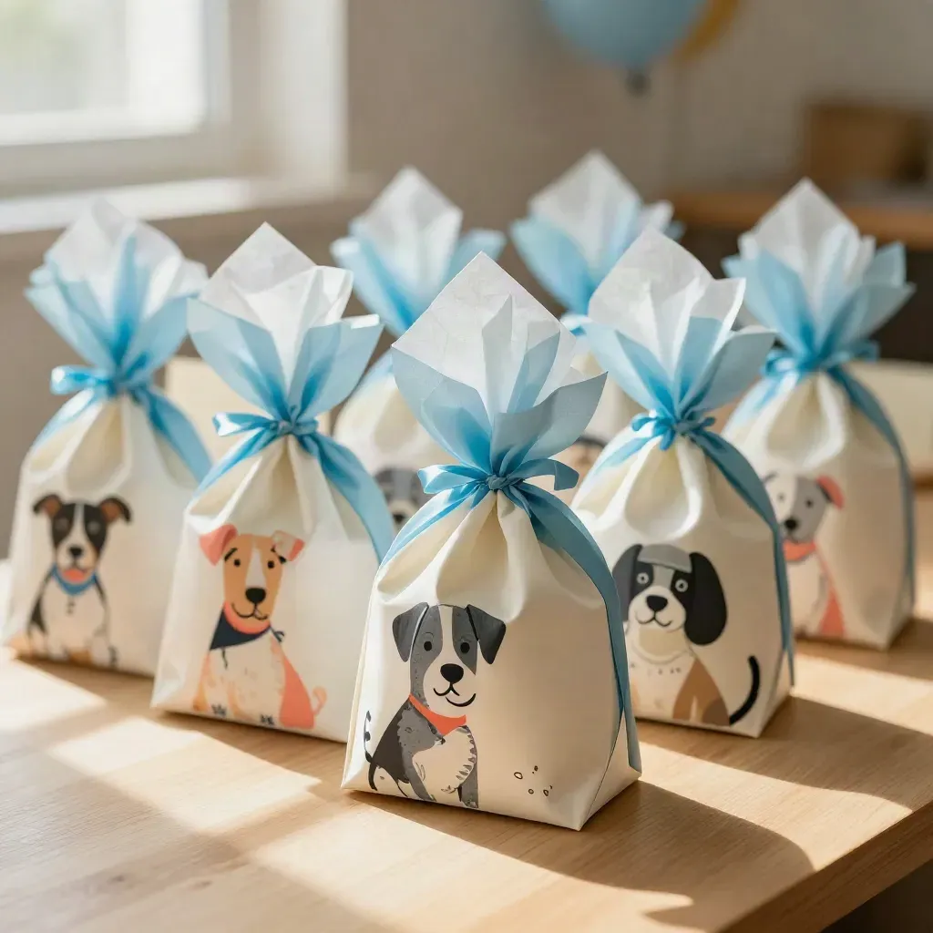Bolsitas de fiesta con caricaturas de mascotas, listas para repartir sobre una mesa clara.