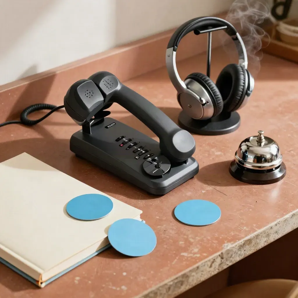 Mesa de atención con teléfono inalámbrico, auricular, libreta cerrada, fichas azules y campana