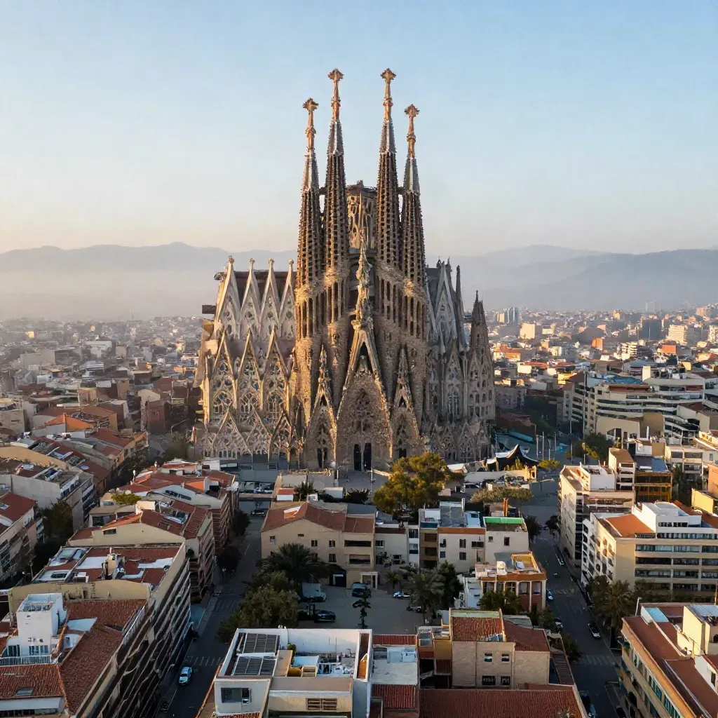 Barcelona al amanecer con la Sagrada Família alta y la retícula del Eixample bajo bruma marina.