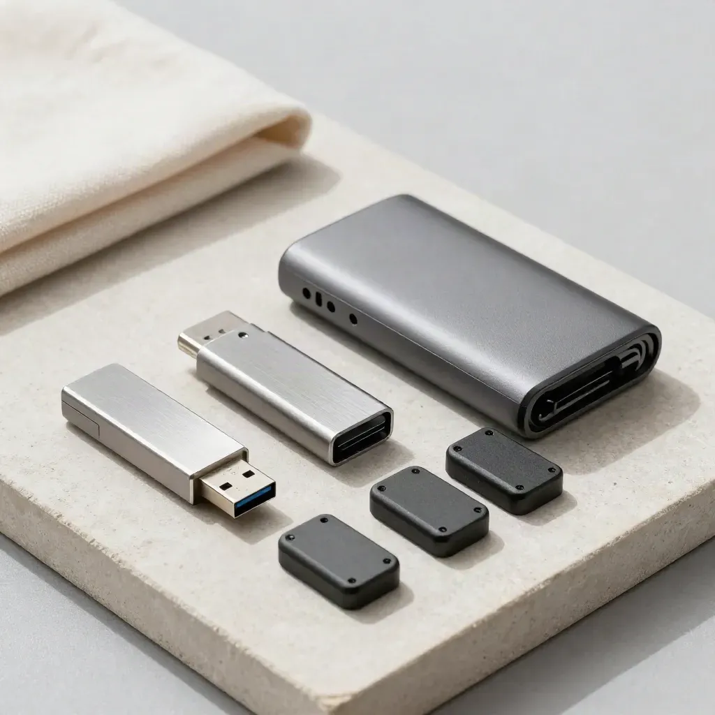 USB metálica, disco externo y funda acolchada sobre bandeja de piedra, luz suave lateral.