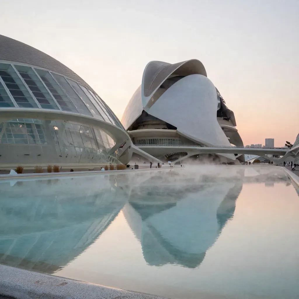 La Ciudad de las Artes y las Ciencias al amanecer, reflejada en agua quieta con niebla suave.