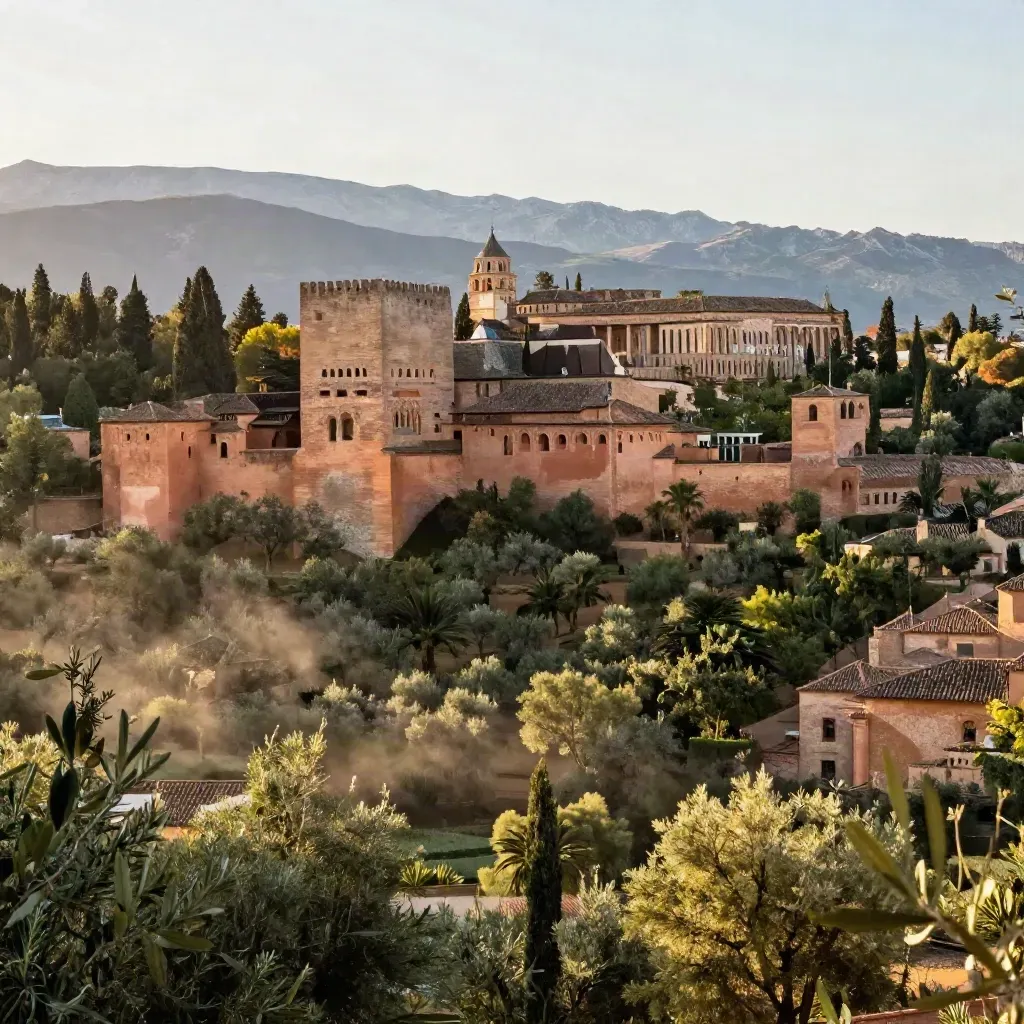 Paisaje de Andalucía con la Alhambra, olivares y Sierra Nevada bajo luz cálida.